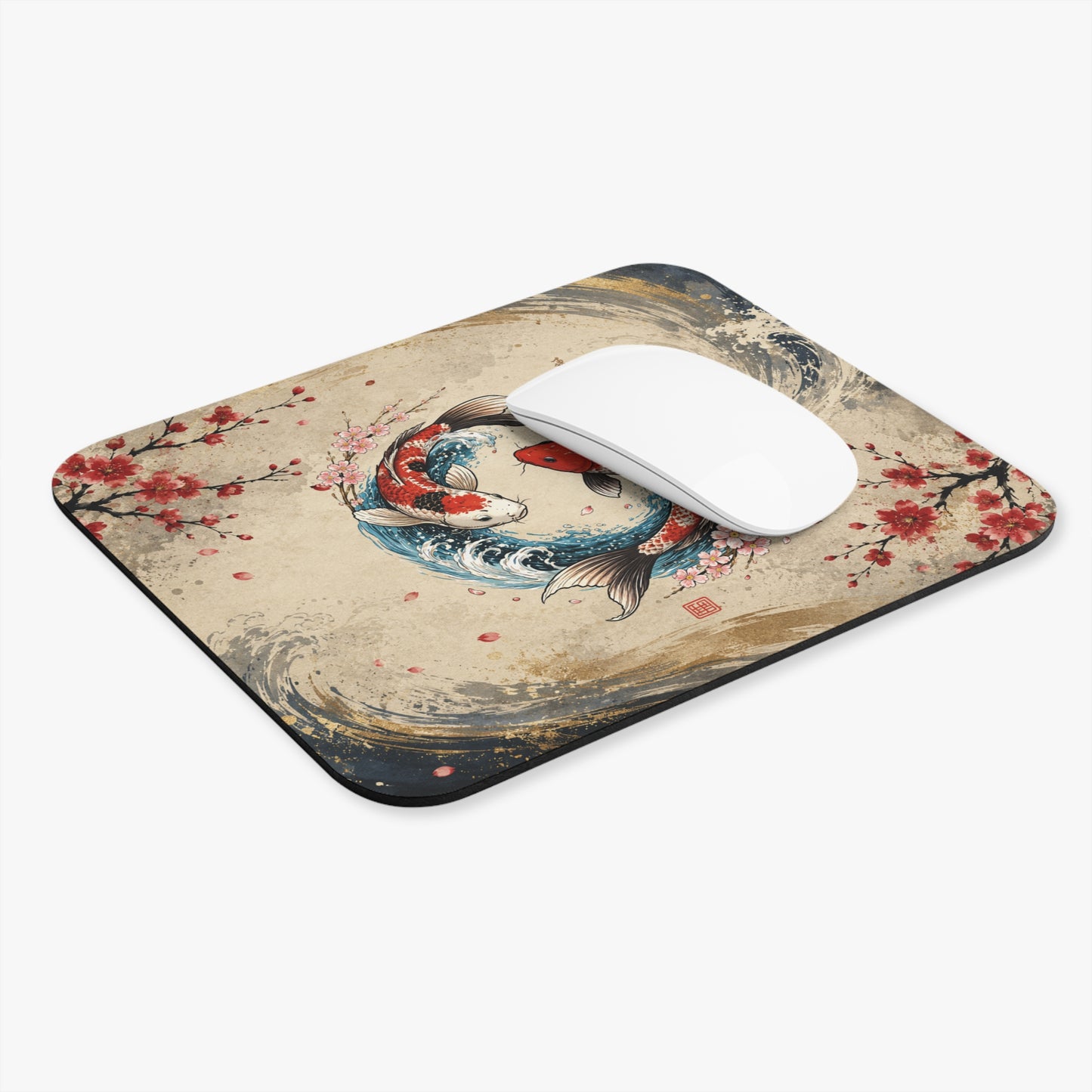 Tapis de Souris 22x18cm Carpes Koï Yin Yang Japon Zen Sakura Art Japonais Feng Shui Bureau Gaming Cadeau Décoration Asiatique