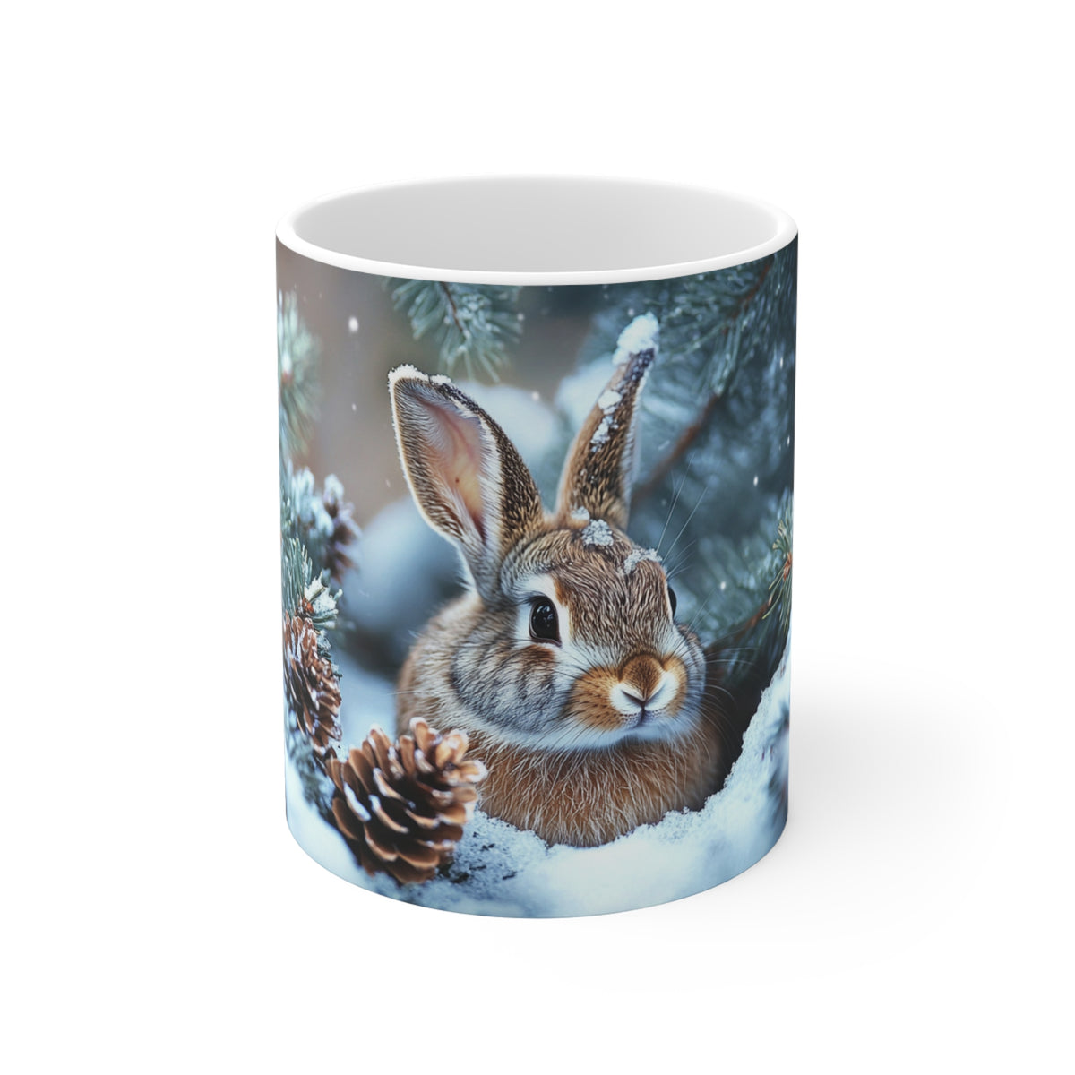 Mug Lapin dans la Neige – Tasse Hiver Forêt Enneigée avec Pommes de Pin – Cadeau Original Amoureux des Lapins et de la Nature