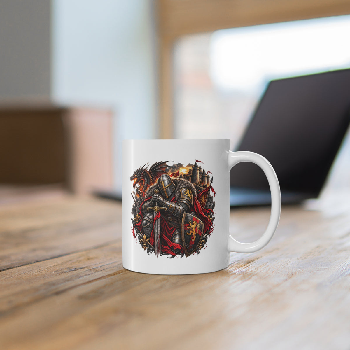 Mug Chevalier Médiéval – Guerrier Dragon et Château – Tasse Fantastique – Cadeau Original Homme Passionné du Moyen Âge