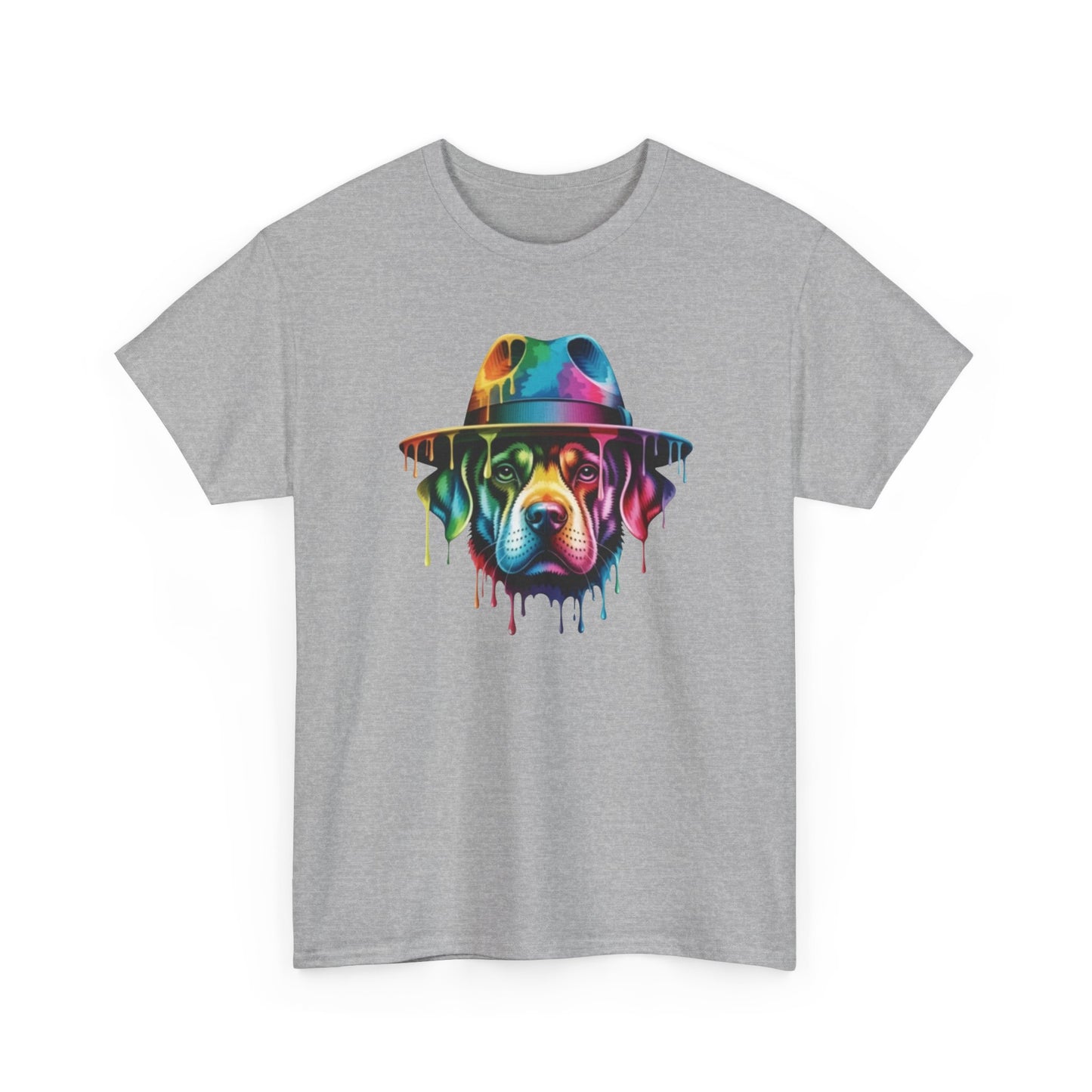 T-Shirt Chien Coloré avec Chapeau – Tee Shirt Art Urbain Peinture Dripping – Cadeau Original Style Streetwear Noir Blanc Gris