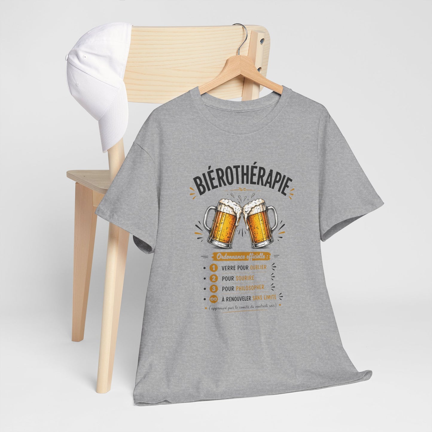 T-Shirt Biérothérapie Homme Femme – Tee Shirt Humour Bière Apéro – Cadeau Drôle Amateur Bière Soirée Noir Blanc Gris