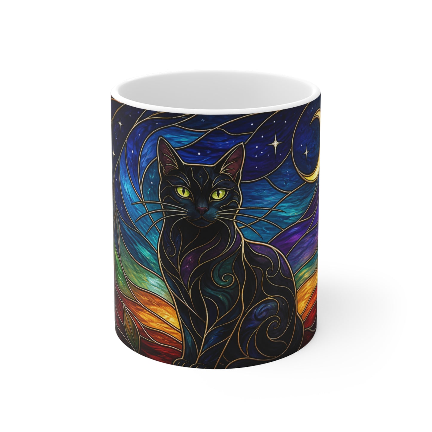 Tasse Chat Noir Mystique Vitrail – Mug Chat Lune Étoiles Art Fantastique Coloré Cadeau Homme Femme Enfant 325ml