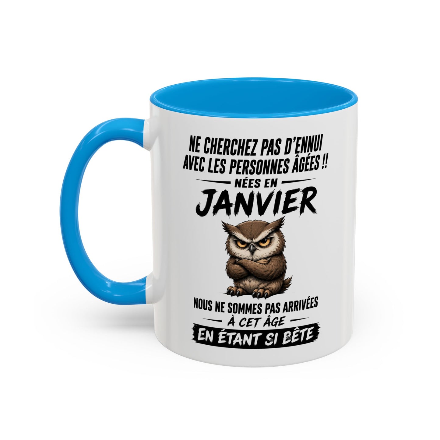 Tasse Humour Personnes Nées en Janvier – Mug Chouette Drôle Senior Retraité – Cadeau Anniversaire Homme Femme 325ml