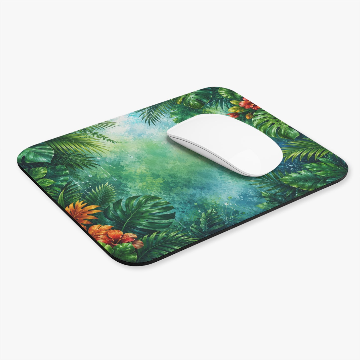 Tapis de Souris 22x18cm Jungle Tropicale Feuilles Exotiques Nature Vert Décoration Bureau Gaming Télétravail Design Floral