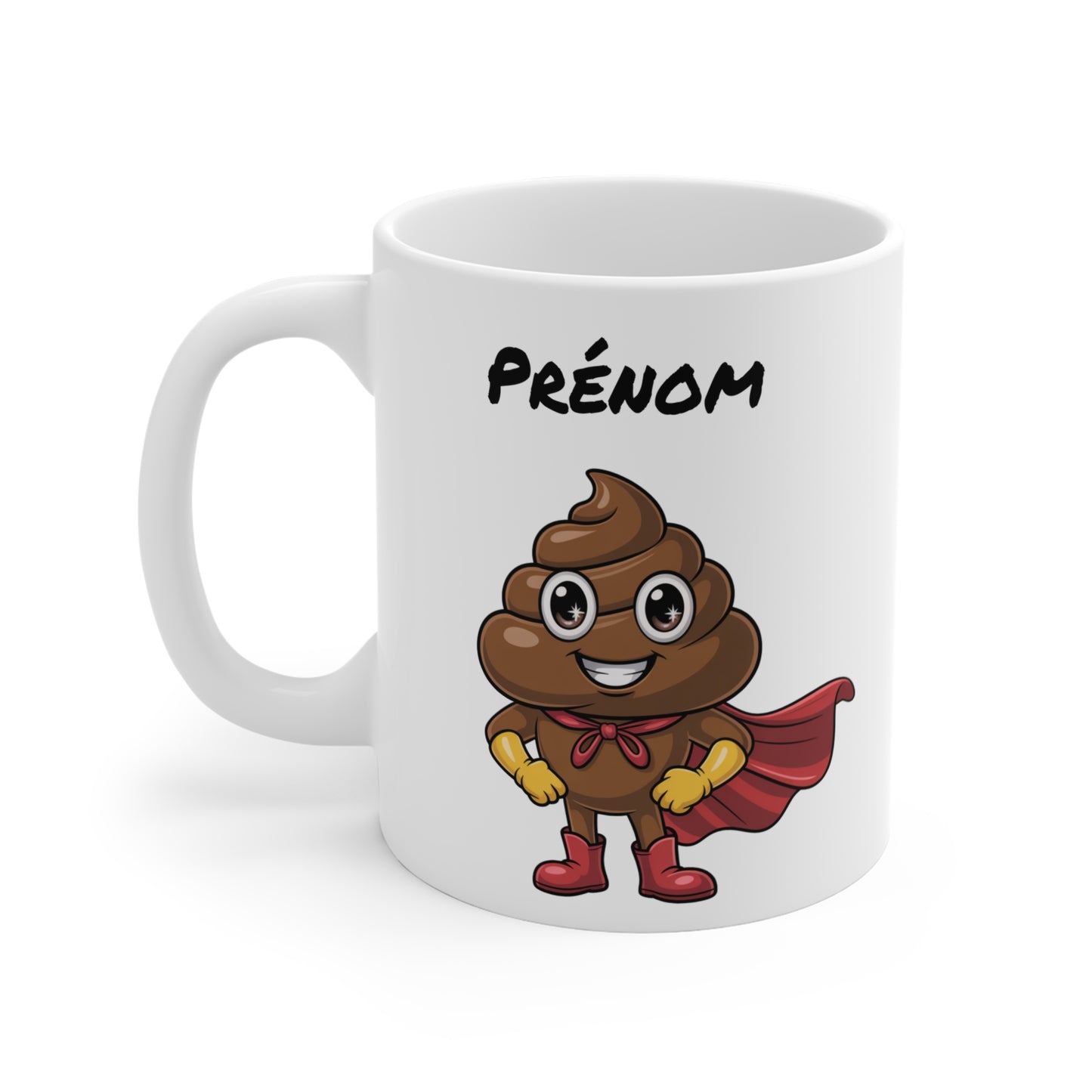 Mug Personnalisable Super Caca – Tasse Humoristique Héros Marron avec Cape Rouge – Cadeau Drôle