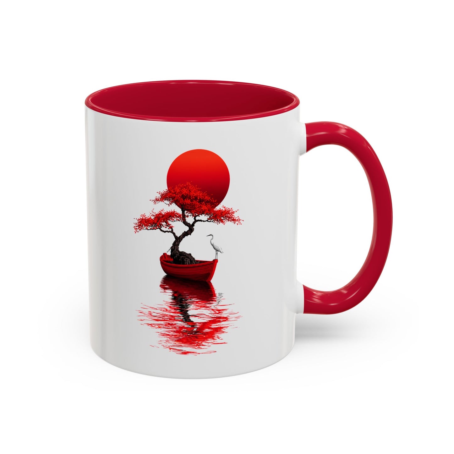 Mug Japonais Paysage Zen – Tasse Arbre Rouge Soleil et Bateau – Décoration Asiatique Nature – Cadeau Homme et Femme Noir Bleu Rouge