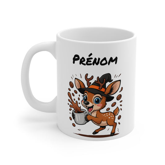 Tasse Personnalisable Faon Sorcier Café – Mug Prénom Halloween Mignon 325ml – Cadeau Original Animaux
