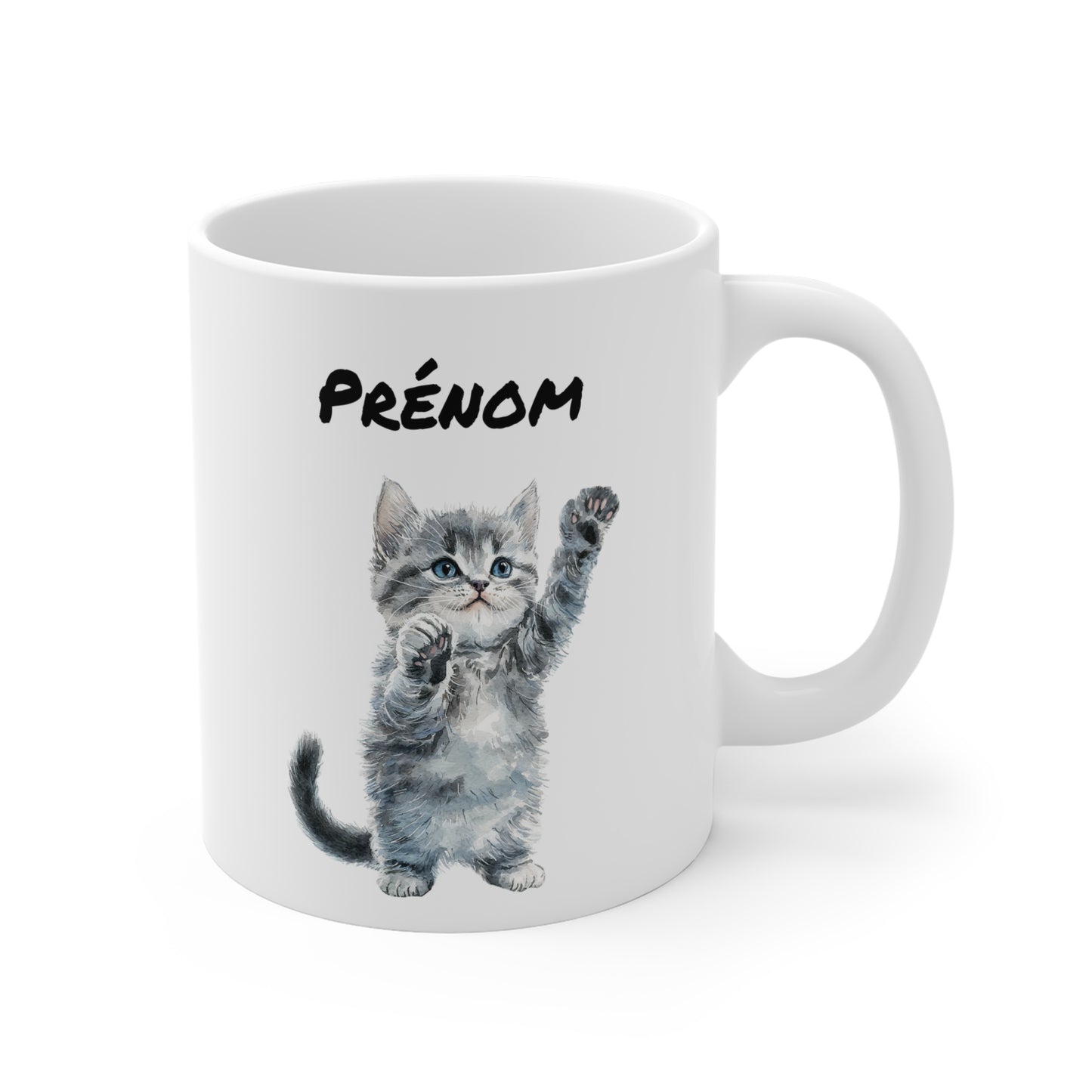 Tasse Personnalisable Chaton Gris Aquarelle – Mug Céramique 325 ml – Cadeau Prénom Mignon pour Amoureux des Chats
