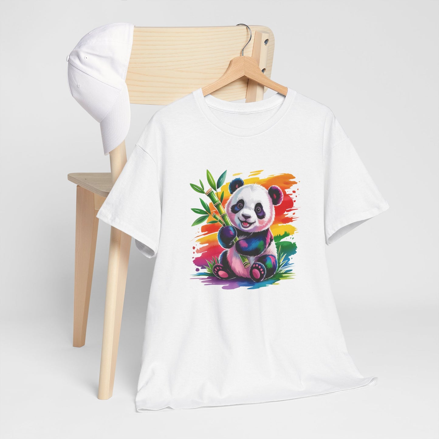 T-Shirt Panda Mignon avec Bambou – Tee Shirt Animal Coloré Aquarelle – Cadeau Kawaii Nature Noir Blanc Gris