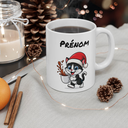 Tasse Personnalisable Chat Noël – Mug Prénom Céramique 325ml – Cadeau Fêtes Mignon Original