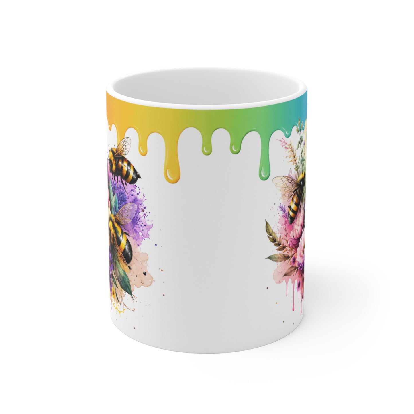 Tasse Abeilles Florales – Mug Fleurs Colorées et Abeilles Aquarelle Arc-en-Ciel – Cadeau Nature Femme 325ml