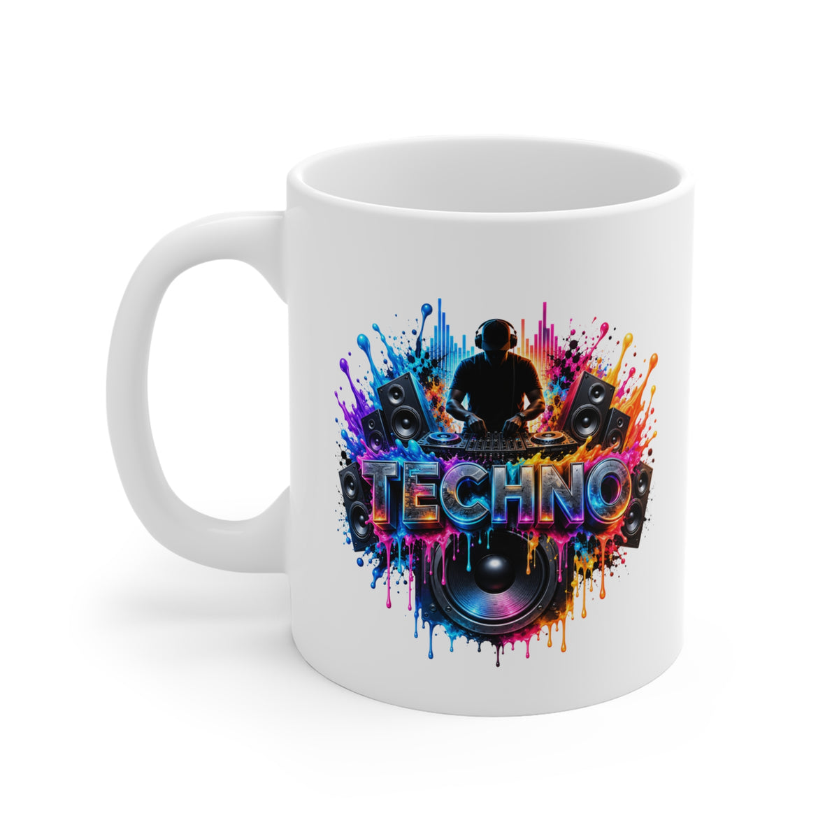 Mug Techno DJ Coloré – Tasse Musique Électronique avec Platines et Enceintes – Cadeau Original Amateur de Techno et de Soirées