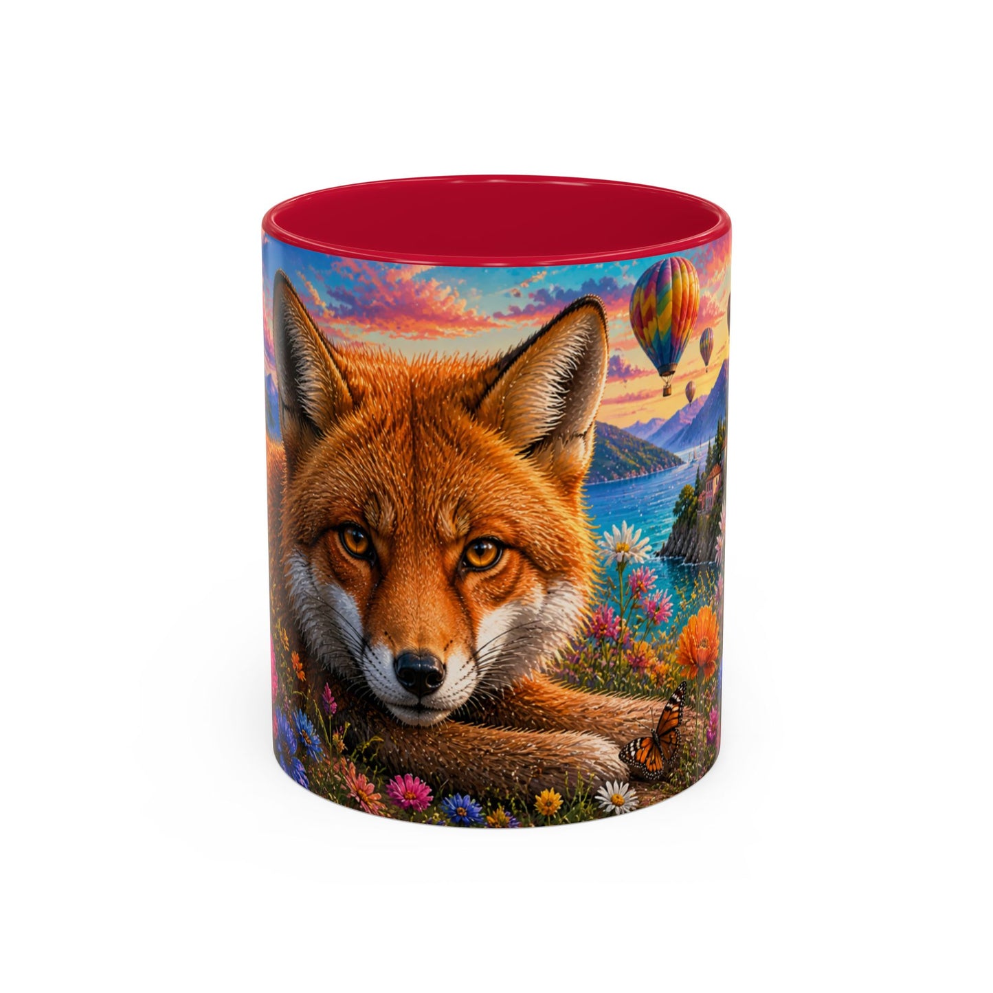 Tasse Renard et Fleurs Colorées – Mug Animal Nature et Montgolfières – Design Artistique Féérique – Céramique 325ml