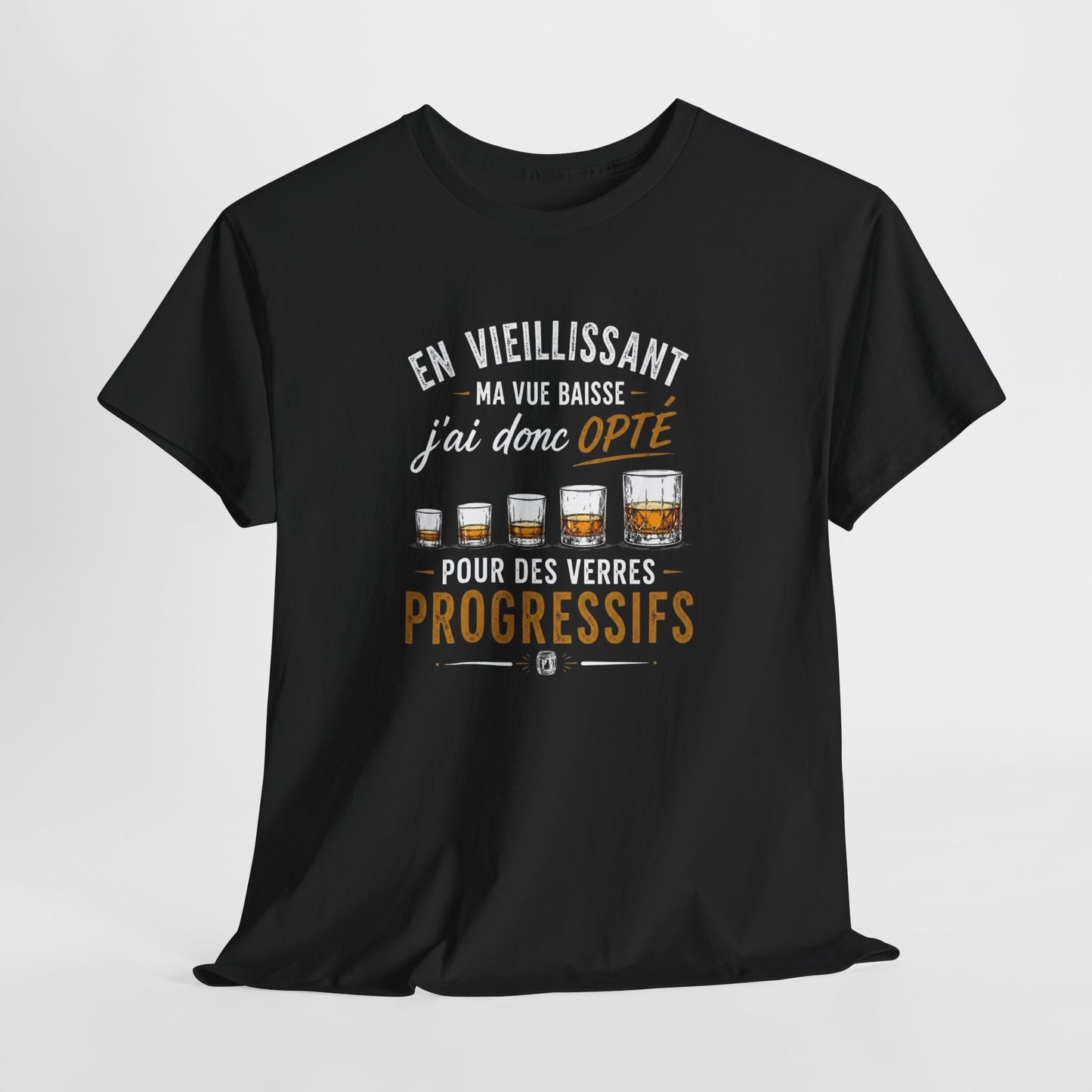 T-Shirt Humour Whisky Verres Progressifs – Tee Shirt Drôle Apéro Alcool Citation Amusante Adulte – Cadeau Ami Amateur Whisky Noir Blanc Gris