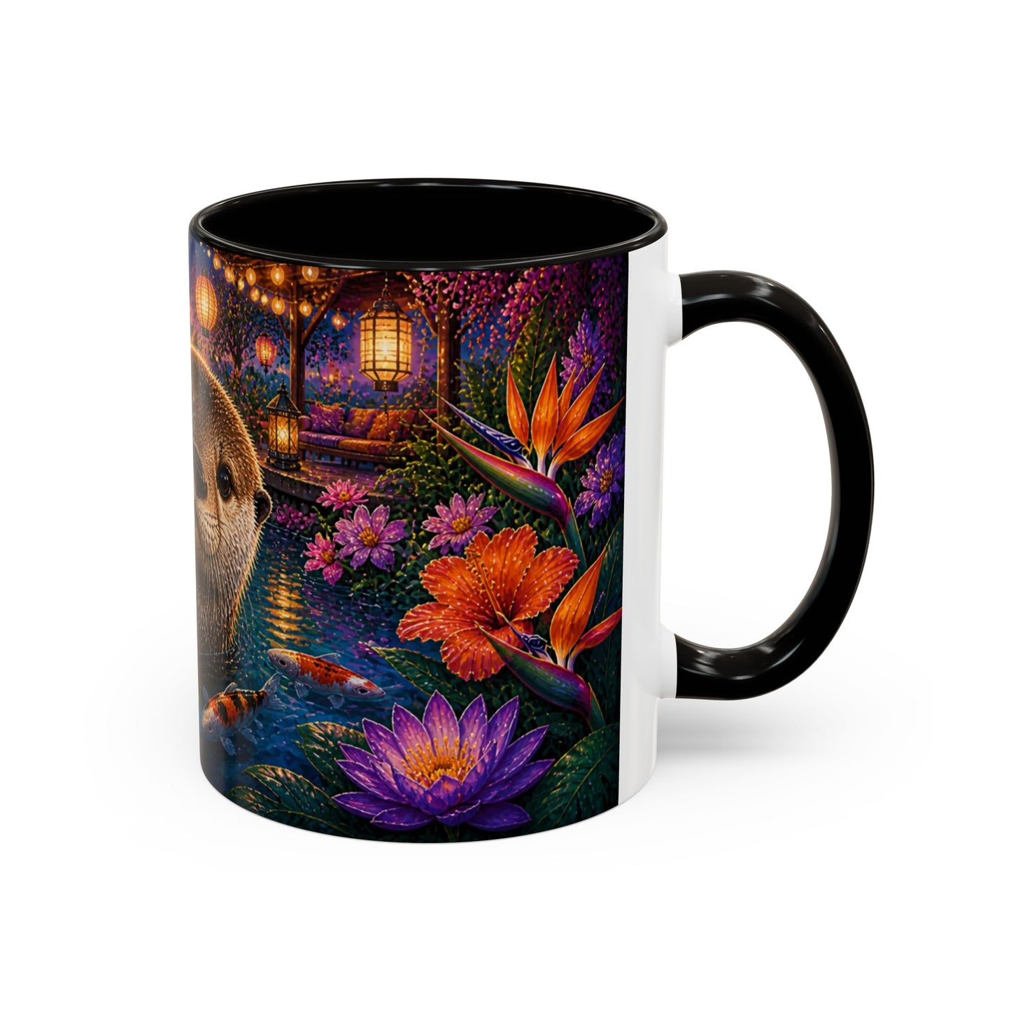 Tasse Loutre et Carpes Koi – Mug Jardin Japonais et Fleurs Tropicales – Design Artistique Relaxant – Céramique 325ml
