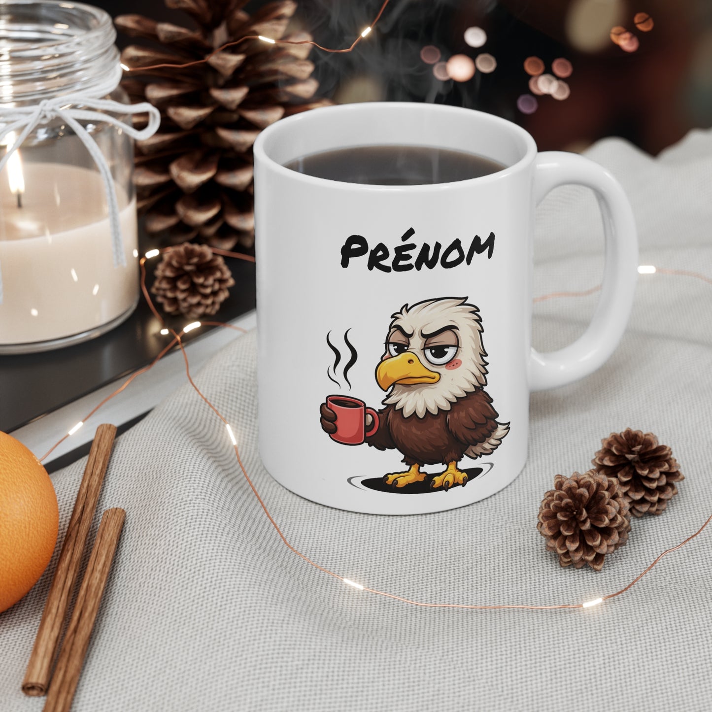 Tasse Personnalisable Aigle Fatigué – Mug Humour Café Matin Difficile – Cadeau Drôle Prénom 325ml