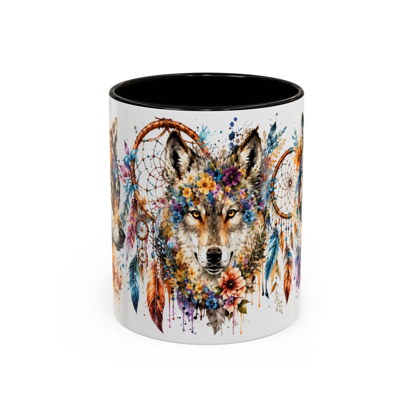 Tasse Loup Bohème – Mug Attrape-Rêves et Fleurs Colorées – Cadeau Animal Spirituel Homme Femme 325ml