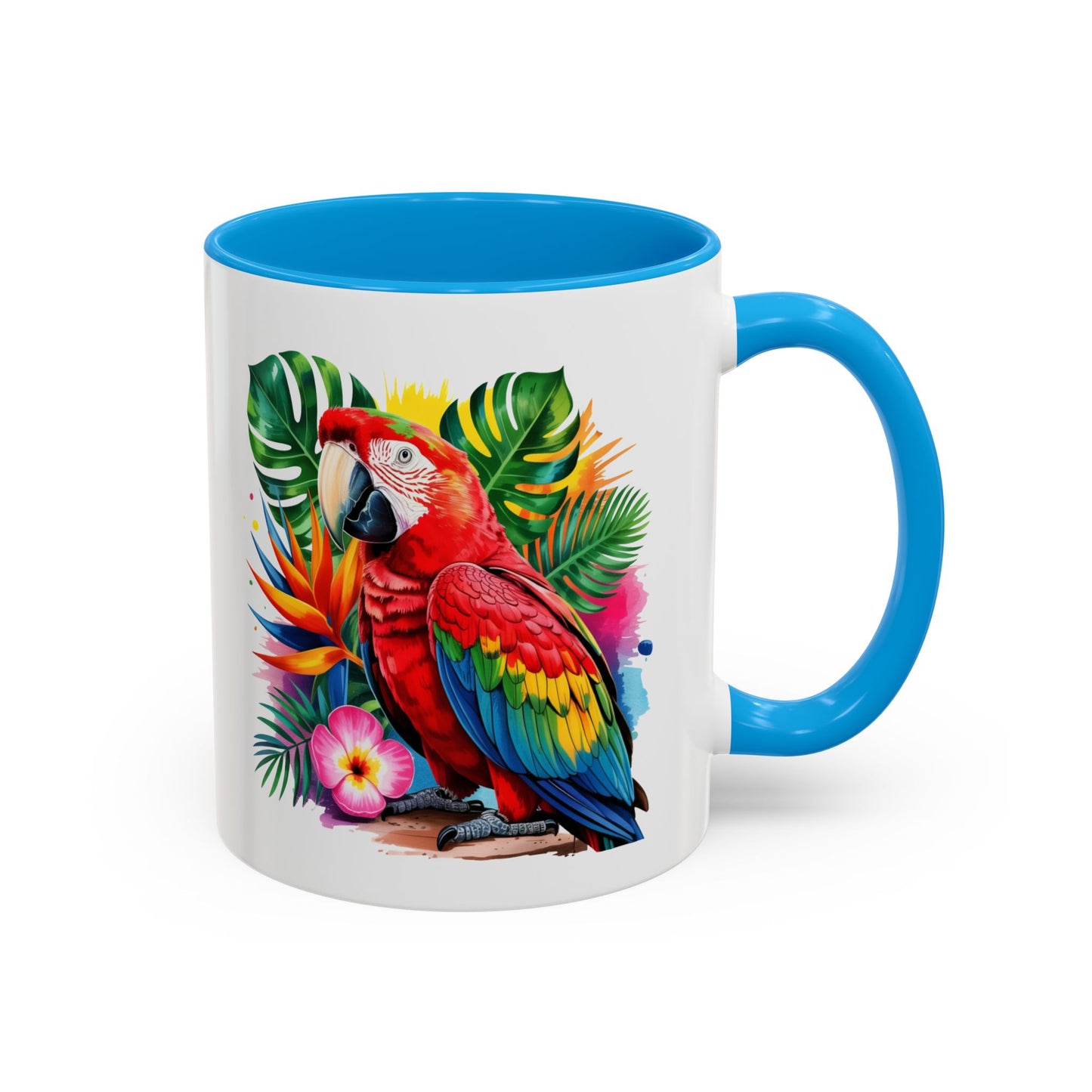 Mug Perroquet Ara Rouge – Tasse Tropicale avec Feuilles Exotiques et Fleurs – Cadeau Nature 325ml
