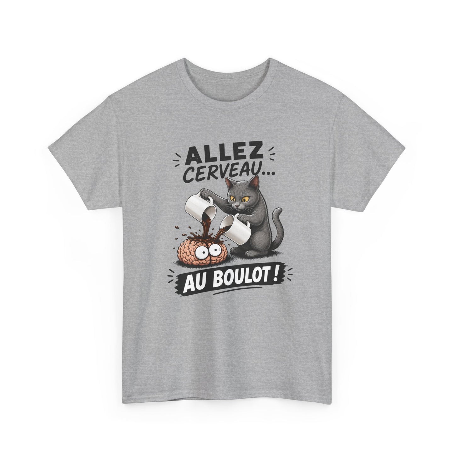 Tee Shirt Humour Homme et Femme – Allez Cerveau au Boulot – T-Shirt Chat Café Fatigue Travail Cadeau Drôle Original