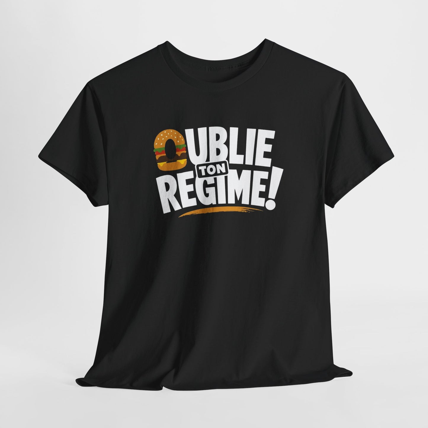 T-Shirt Oublie Ton Régime Homme Femme – Tee Shirt Humour Burger – Cadeau Gourmand Drôle Noir Blanc Gris