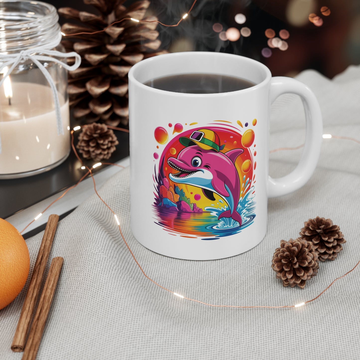 Mug Dauphin Rose Kawaii – Tasse Dauphin Tropical Arc-en-Ciel – Design Marin Coloré et Féérique – Cadeau Original pour Amoureux des Dauphins et de l’Océan – Céramique 325ml