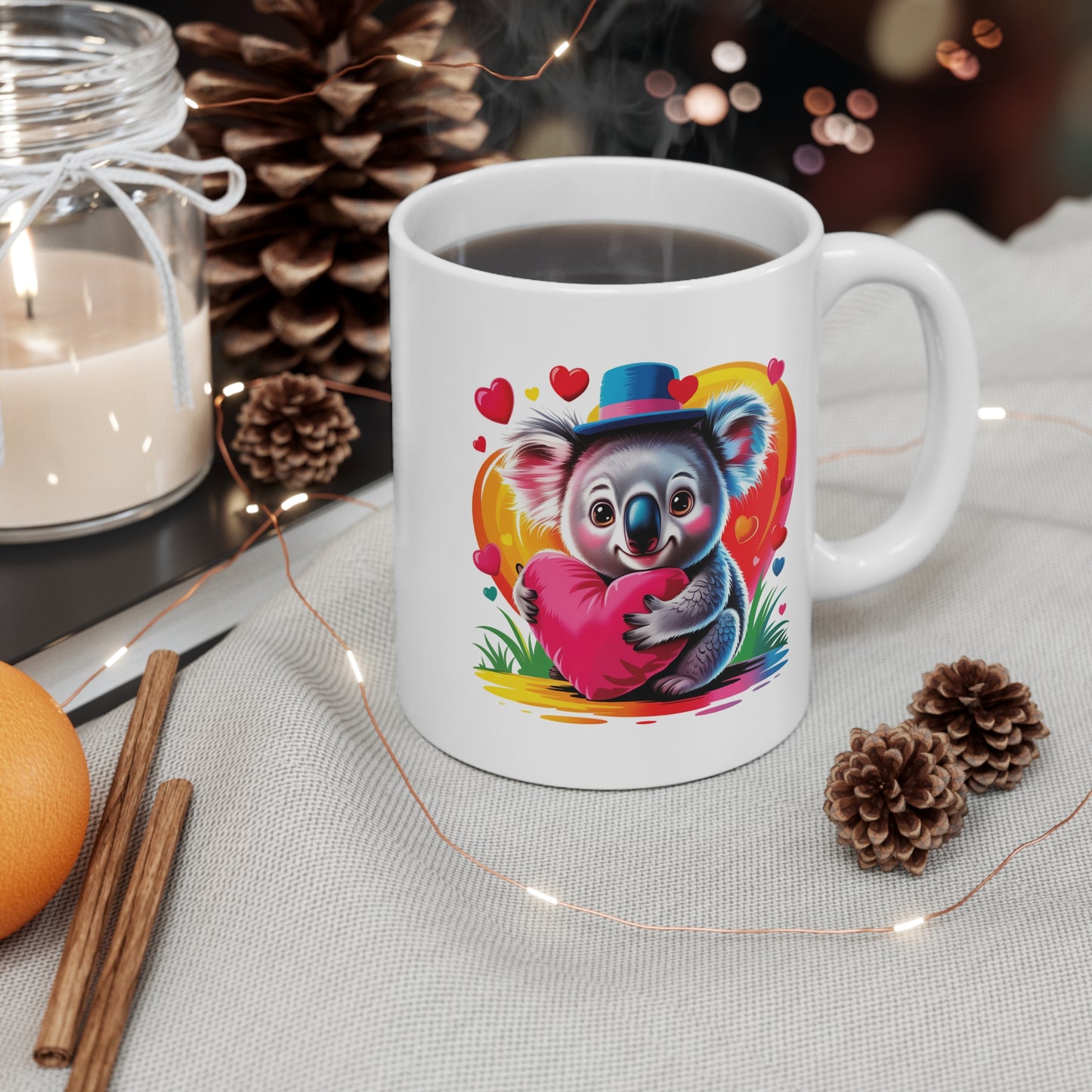 Mug Koala Kawaii avec Cœur Rose – Tasse Animaux Mignons Arc-en-Ciel – Design Cute et Coloré – Cadeau Original pour Amoureux des Koalas et Univers Kawaii – Céramique 325ml