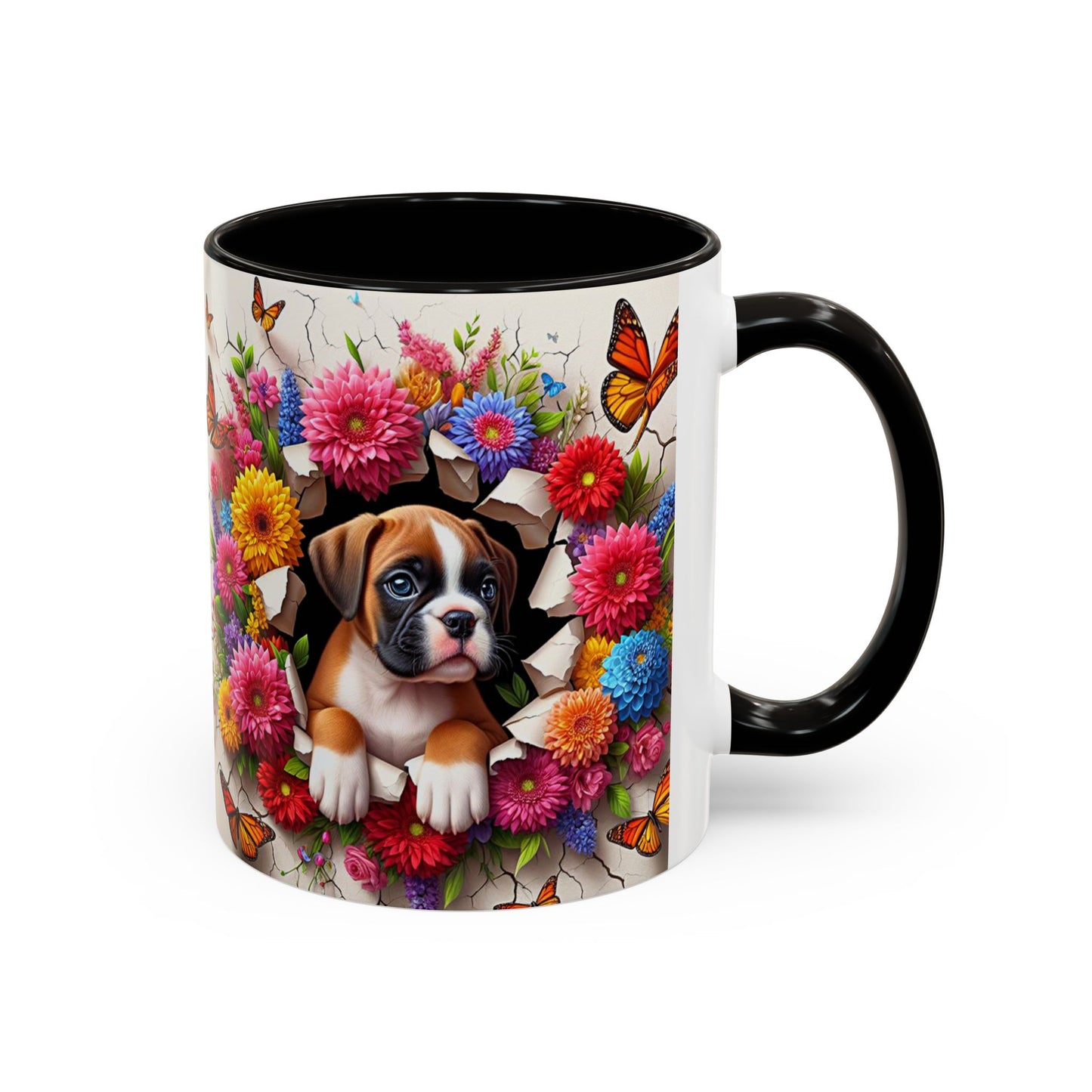 Mug Boxer Kawaii – Tasse Chiot Boxer avec Fleurs Colorées et Papillons – Cadeau Amoureux des Chiens 325ml