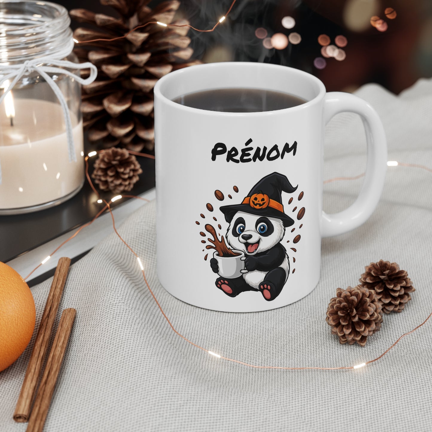 Tasse Personnalisable Panda Sorcier Café – Mug Prénom Halloween Mignon 325ml – Cadeau Original