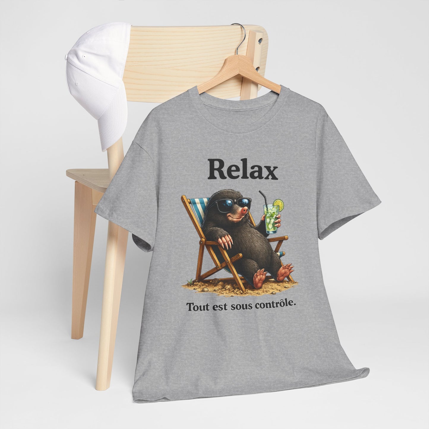 T-Shirt Humour Homme et Femme – Taupe Relax Détente Vacances – Animal Drôle avec Lunettes – Cadeau Original – Blanc et Gris
