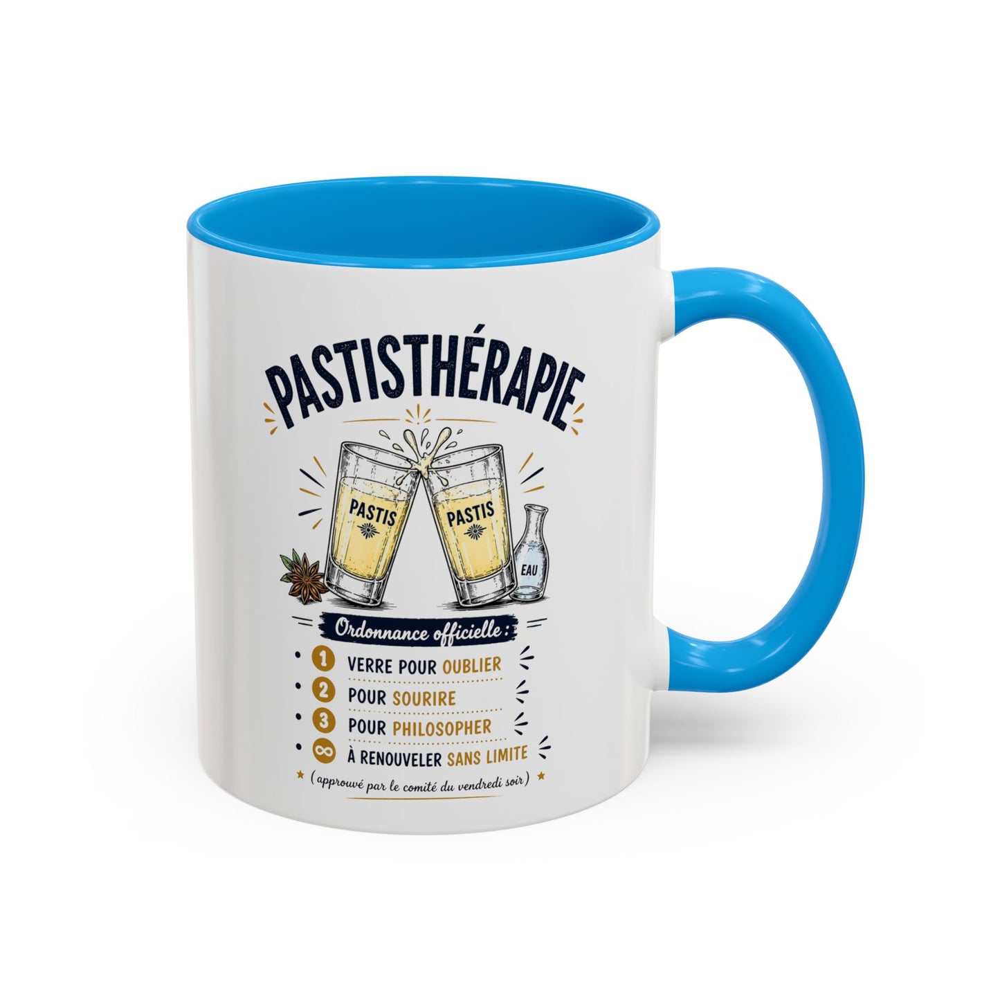 Mug Pastisthérapie Drôle – Tasse Humour Apéro Pastis – Cadeau Original Amateur de Pastis – Céramique 325ml Noir Bleu Rouge