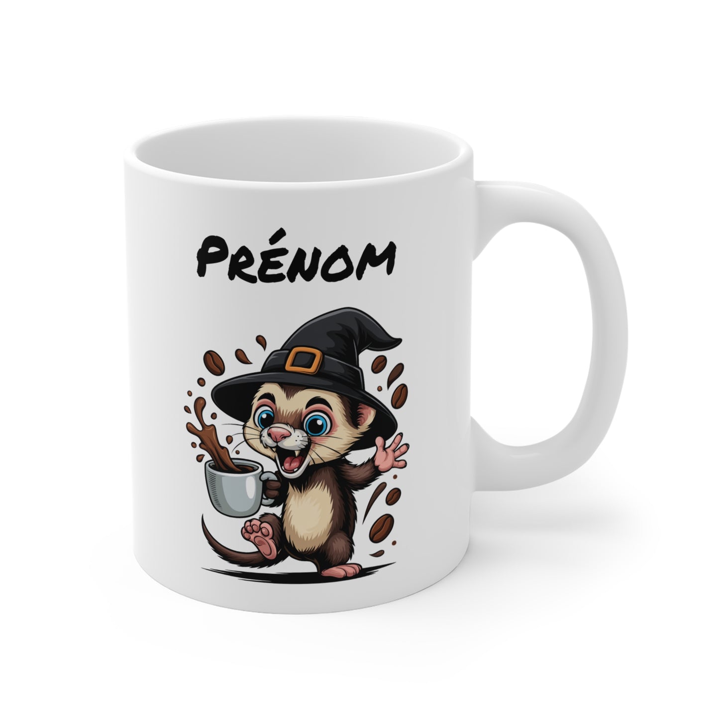 Tasse Personnalisable Furet Sorcier Café – Mug Prénom Céramique 325ml – Cadeau Drôle Halloween Animal Illustré