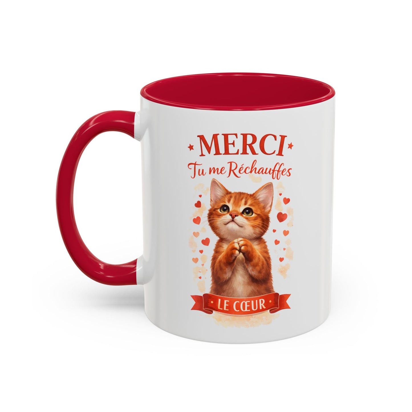 Tasse Chat Mignon Amour “Merci Tu me Réchauffes le Cœur” – Mug Cadeau Chat Affectueux Noir Bleu Rouge