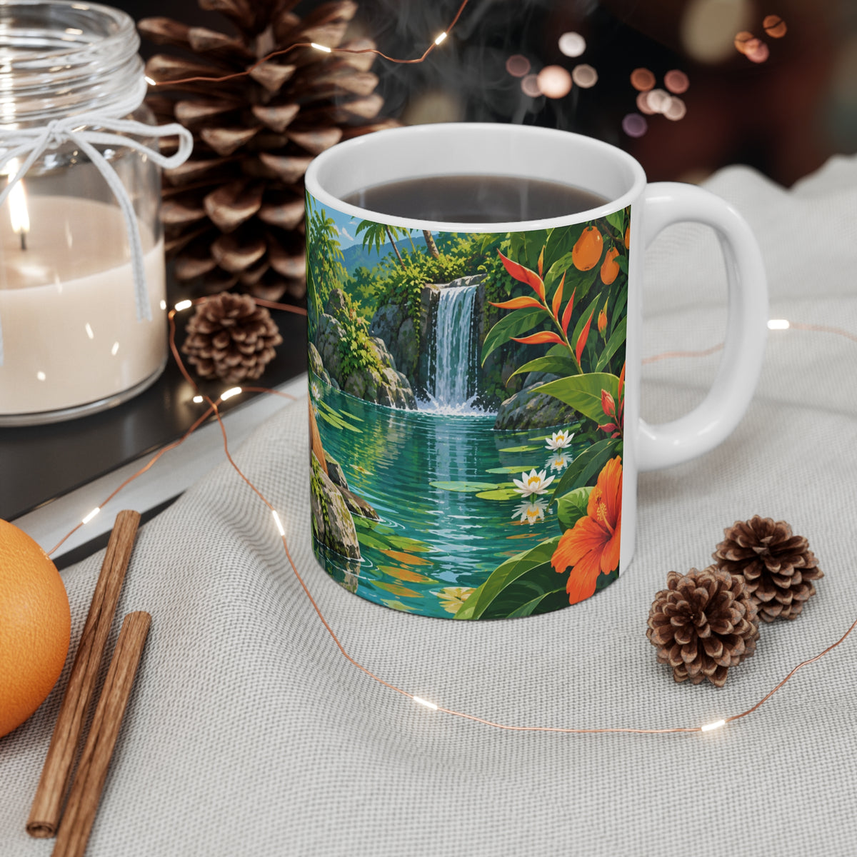 Mug Capybara dans un Paradis Tropical – Tasse Animal Mignon avec Cascade, Fleurs et Oranges – Cadeau Original Amoureux des Animaux