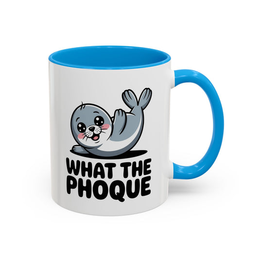 Tasse Phoque Drôle “What the Phoque” – Mug Humour Animal Mignon – Cadeau Original Fun Noir Bleu Rouge 325ml