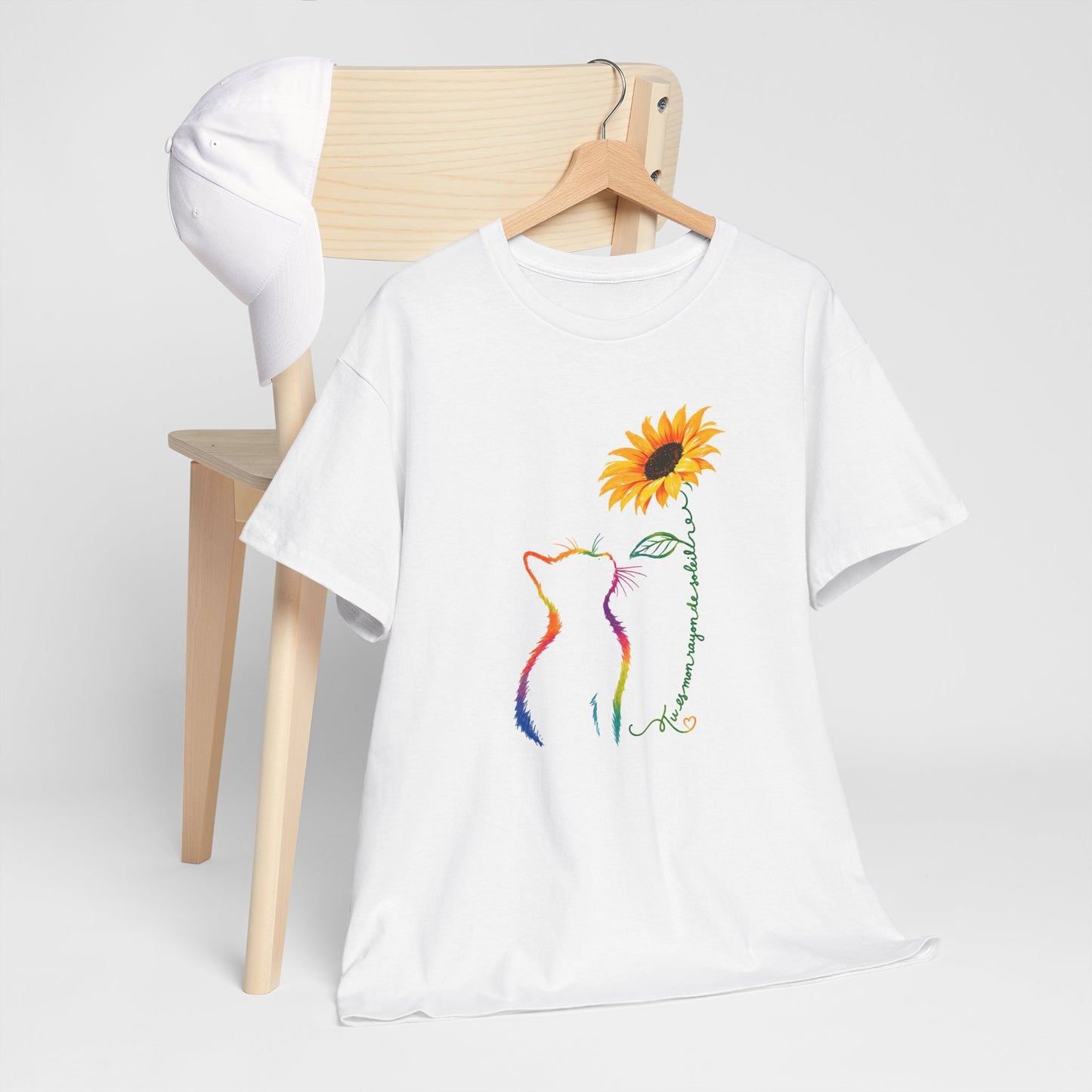Tee Shirt Femme Chat Tournesol Coloré Amour Animal Fleur Cadeau Amoureuse des Chats Original