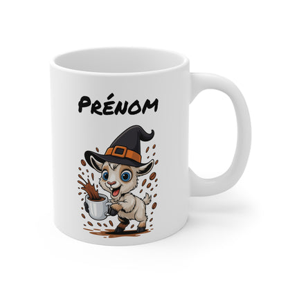 Tasse Personnalisable Chèvre Sorcière Café – Mug Prénom Céramique 325ml – Cadeau Drôle Halloween Animal Illustré
