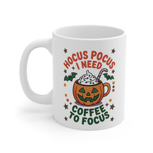 Mug Halloween Citrouille 325ml – Tasse Céramique “Hocus Pocus I Need Coffee to Focus” – Cadeau Café