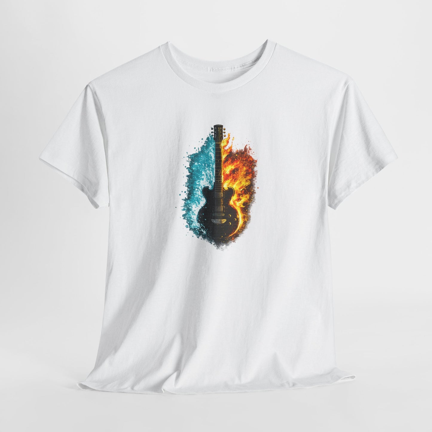 T-Shirt Guitare Feu et Glace – Design Électrique Artistique – Tee-Shirt Musique Rock Original
