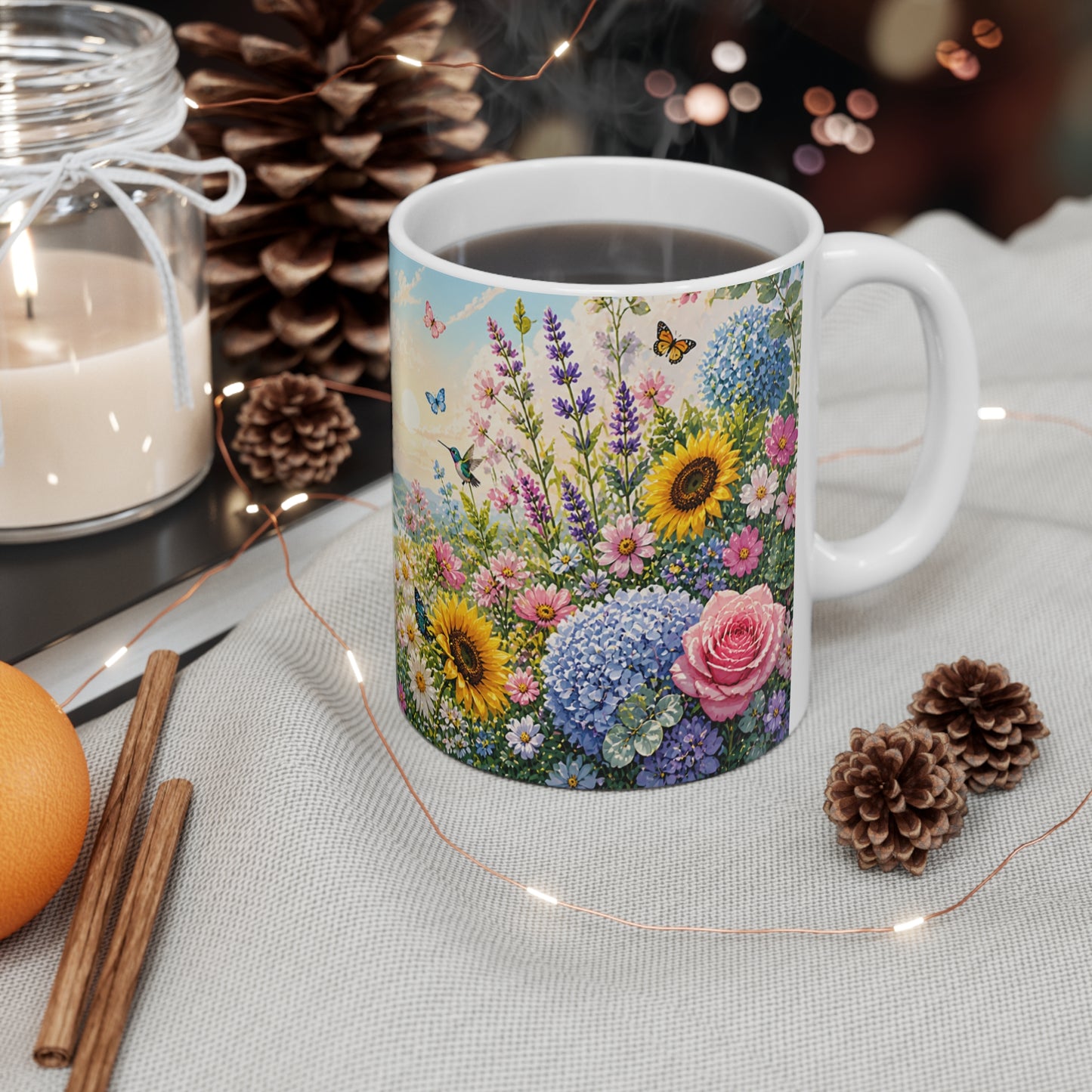 Tasse Jardin Fleuri Coloré – Mug Nature Floral avec Papillons et Colibris – Cadeau Homme Femme Enfant 325ml