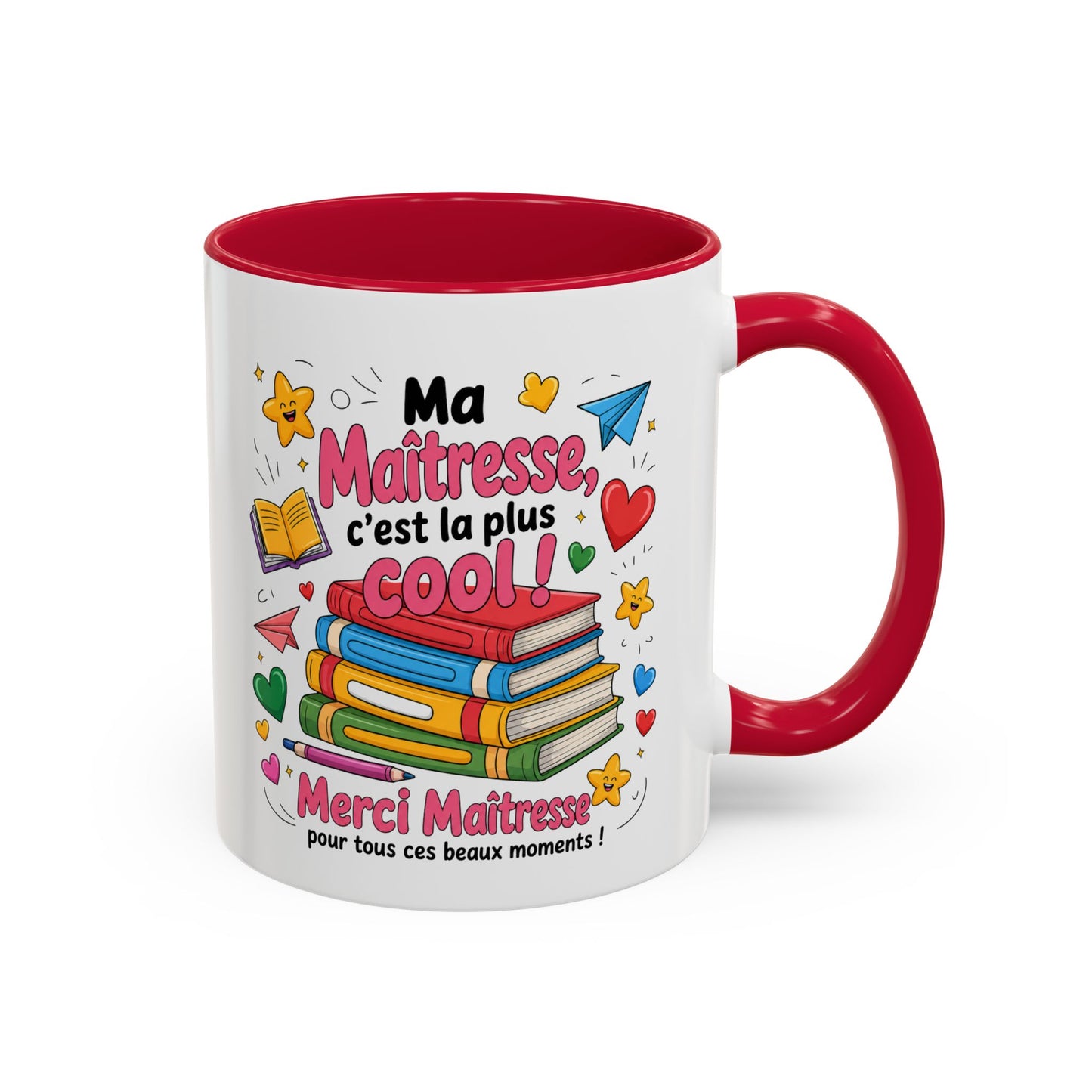 Tasse Merci Maîtresse – Mug Cadeau Fin d’Année École Primaire – Remerciement Enseignante 325ml Noir Bleu Rouge