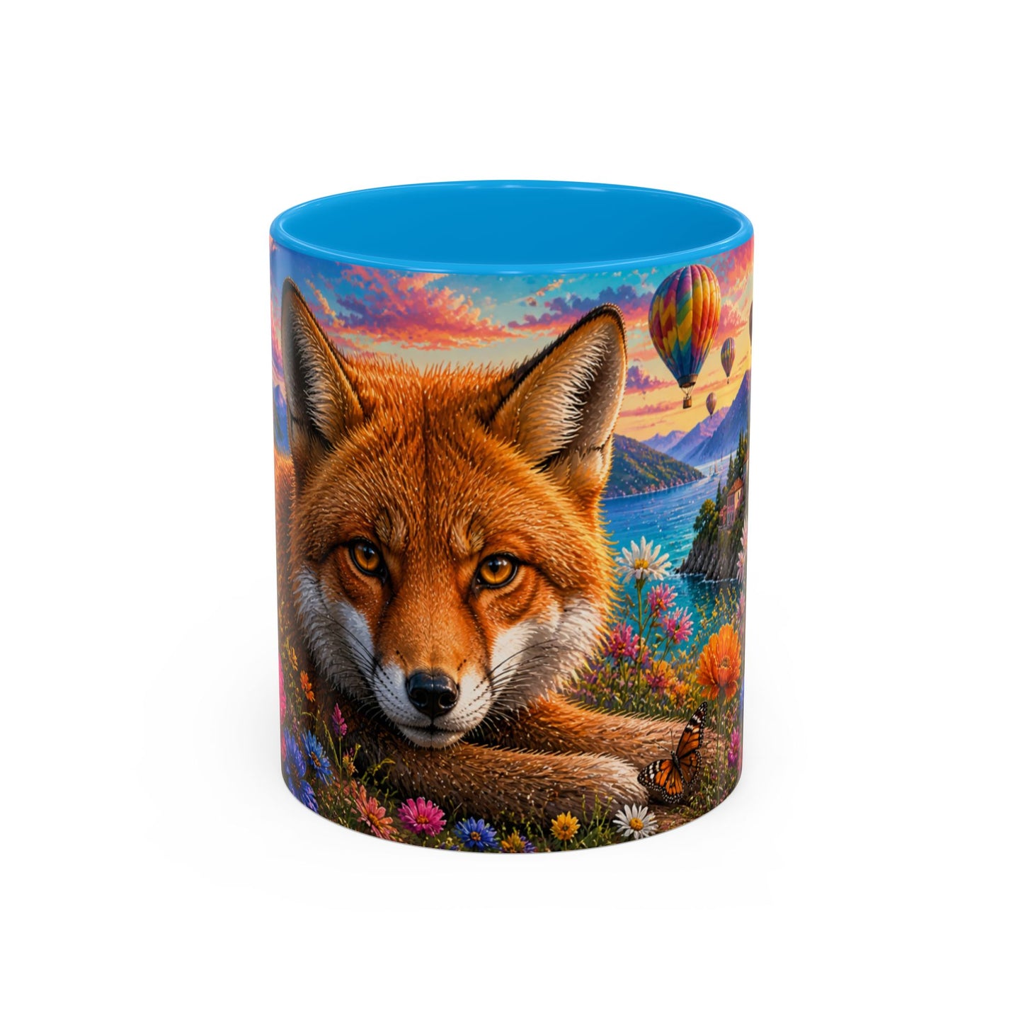 Tasse Renard et Fleurs Colorées – Mug Animal Nature et Montgolfières – Design Artistique Féérique – Céramique 325ml
