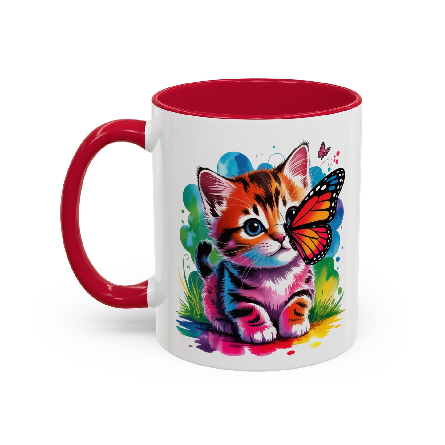 Mug Chaton Kawaii avec Papillon Arc-en-Ciel – Tasse Mignonne et Colorée Cadeau Amoureux des Chats – Céramique 325ml