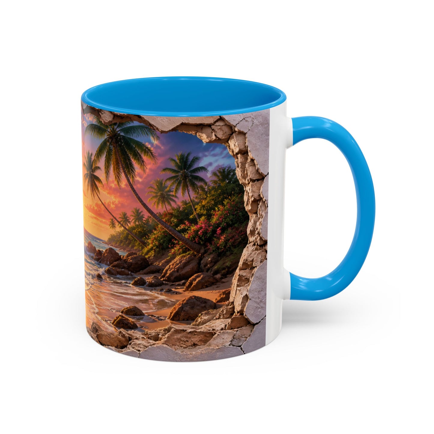 Tasse Plage Tropicale et Océan – Mug Paysage Paradis Exotique – Design Artistique Effet Mur Cassé – Céramique 325ml