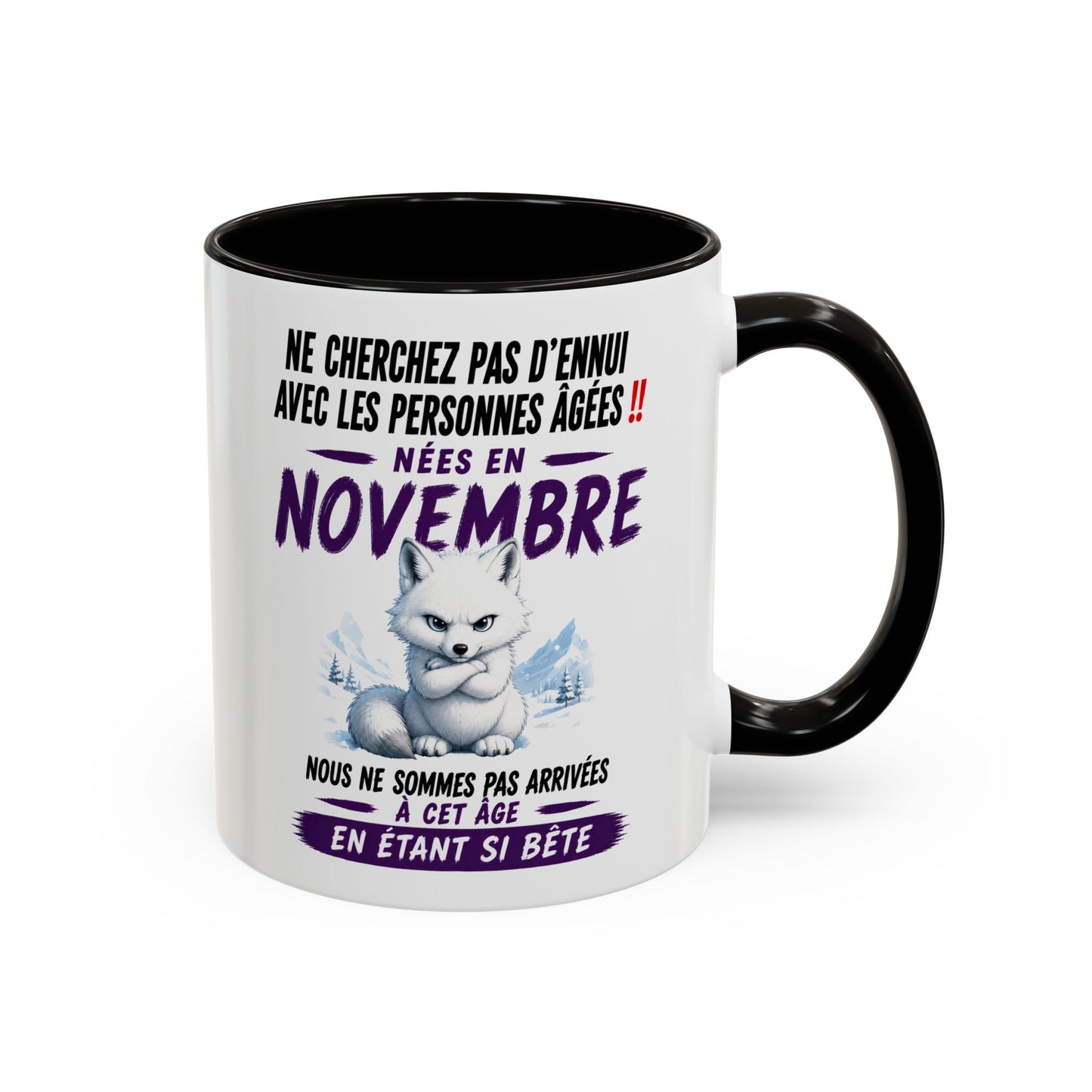 Tasse Humour Personnes Nées en Novembre – Mug Renard Arctique Drôle Senior Retraité – Cadeau Anniversaire Homme Femme 325ml