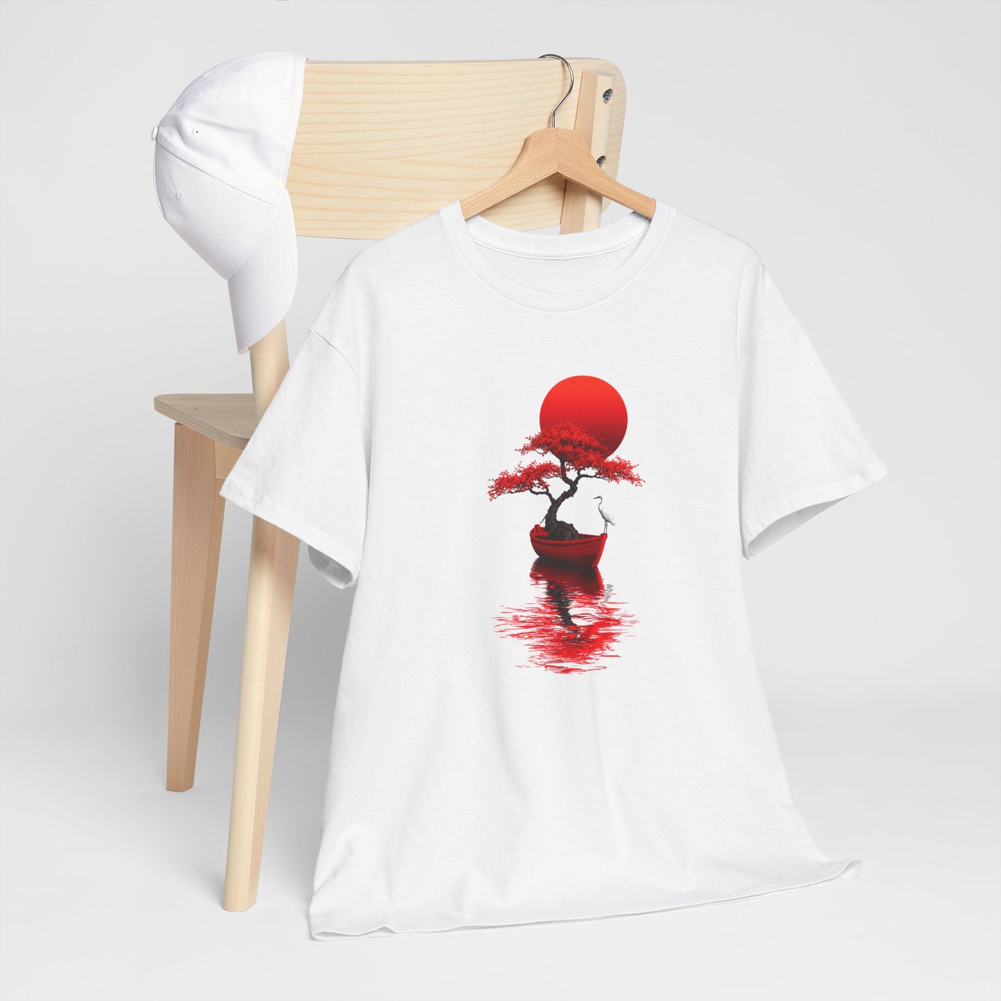 Tee Shirt Homme et Femme Japonais Bonsaï Héron Soleil Rouge Paysage Zen Nature Asiatique Art Traditionnel