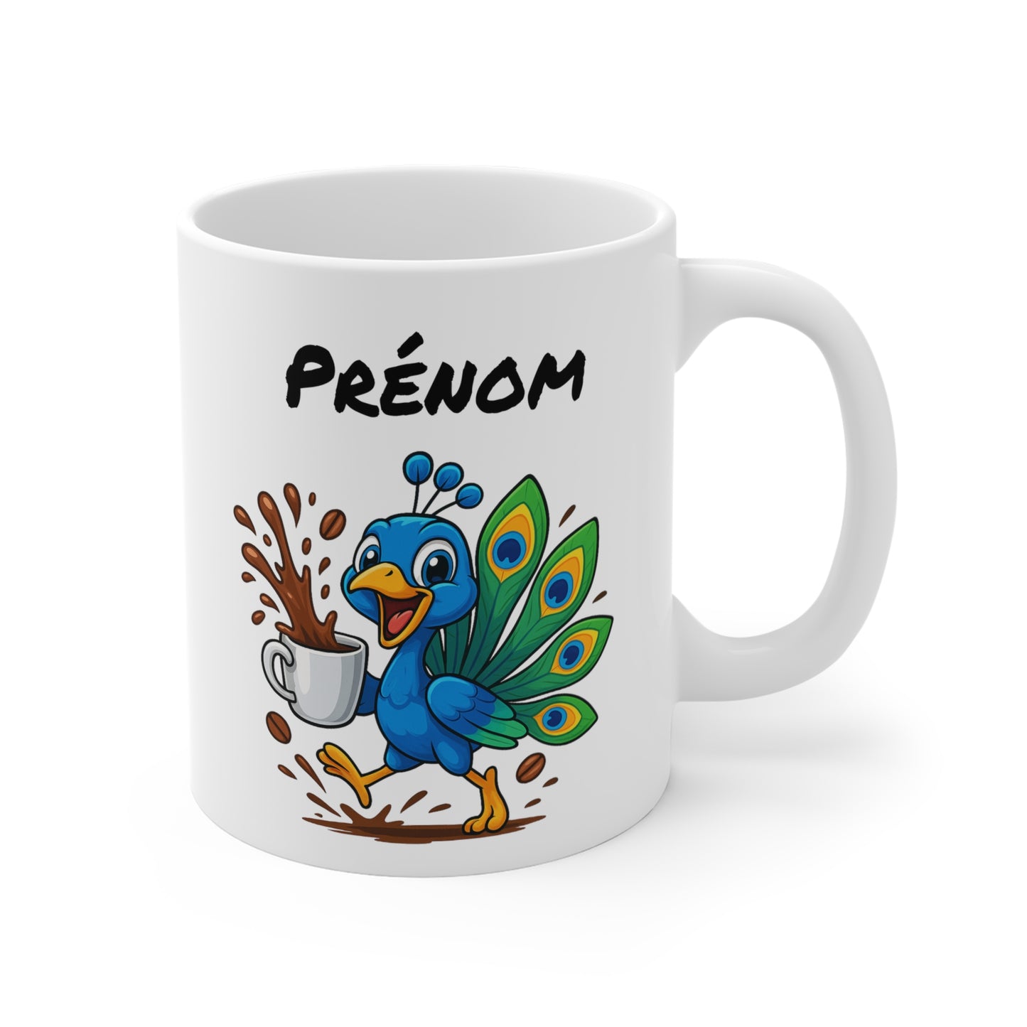 Tasse Personnalisable Paon Café – Mug Prénom Cartoon – Cadeau Original Amateur de Café 325ml