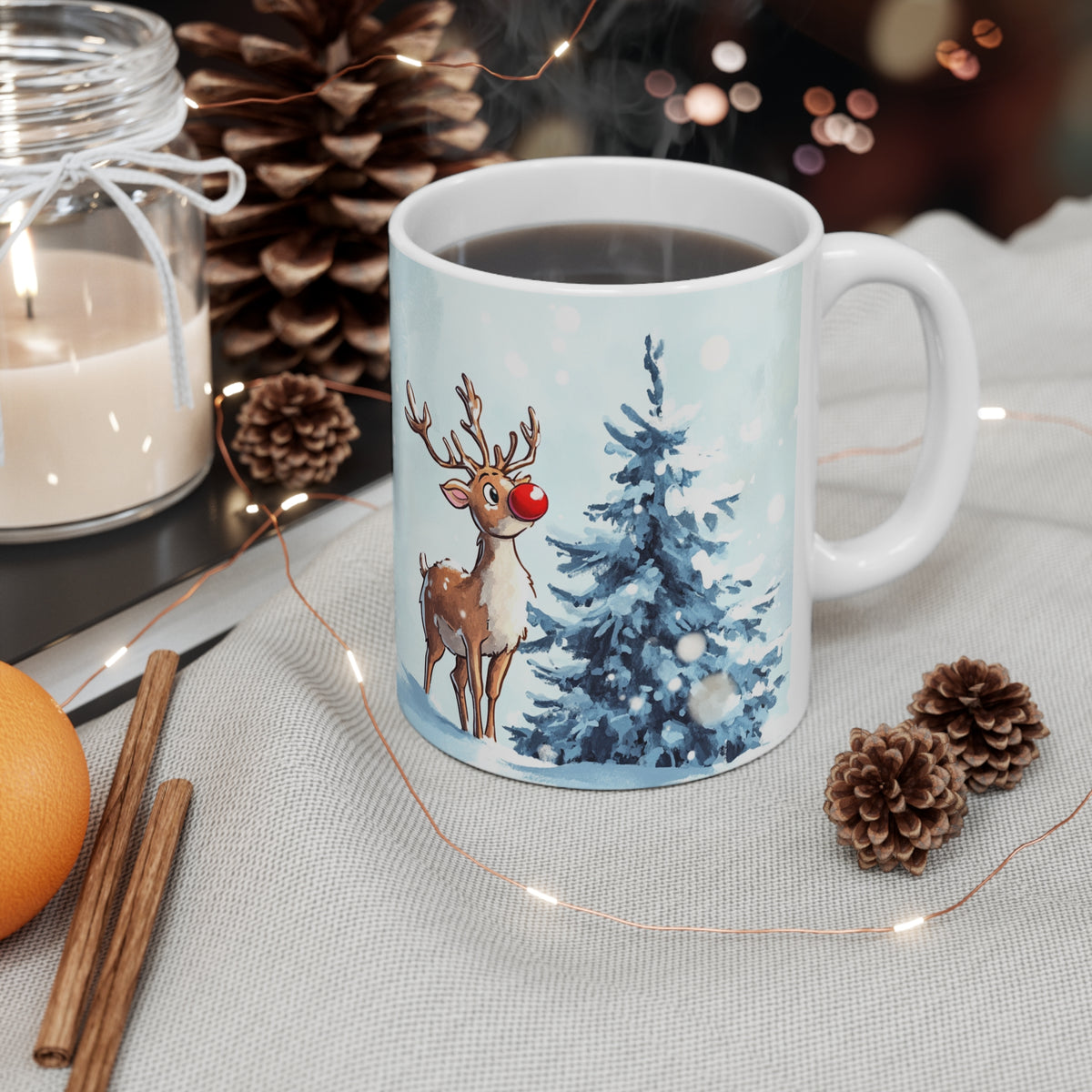 Mug Renne de Noël au Nez Rouge – Tasse Hiver Sapin Enneigé Style Aquarelle – Cadeau Noël Homme Femme