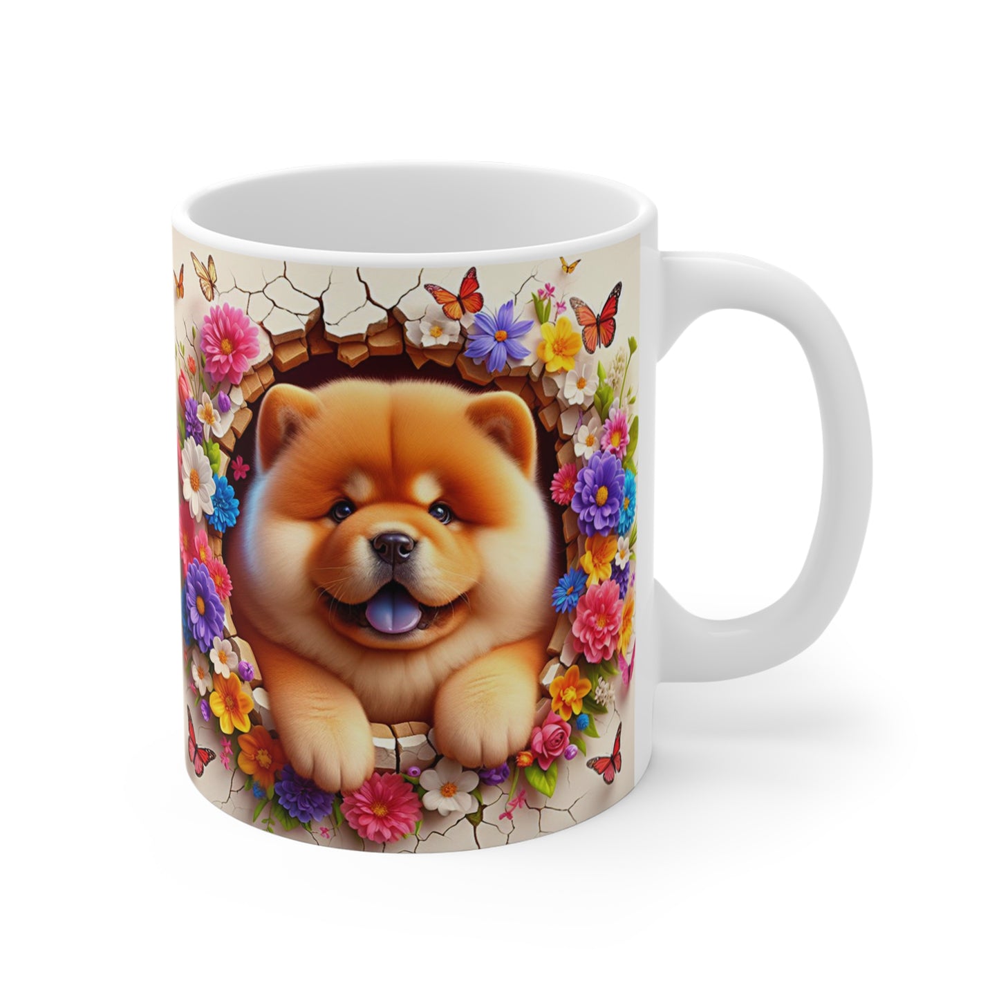 Tasse Céramique Chow-Chow et Fleurs – Mug Chien Mignon Papillons – Cadeau Animaux Bohème 325ml