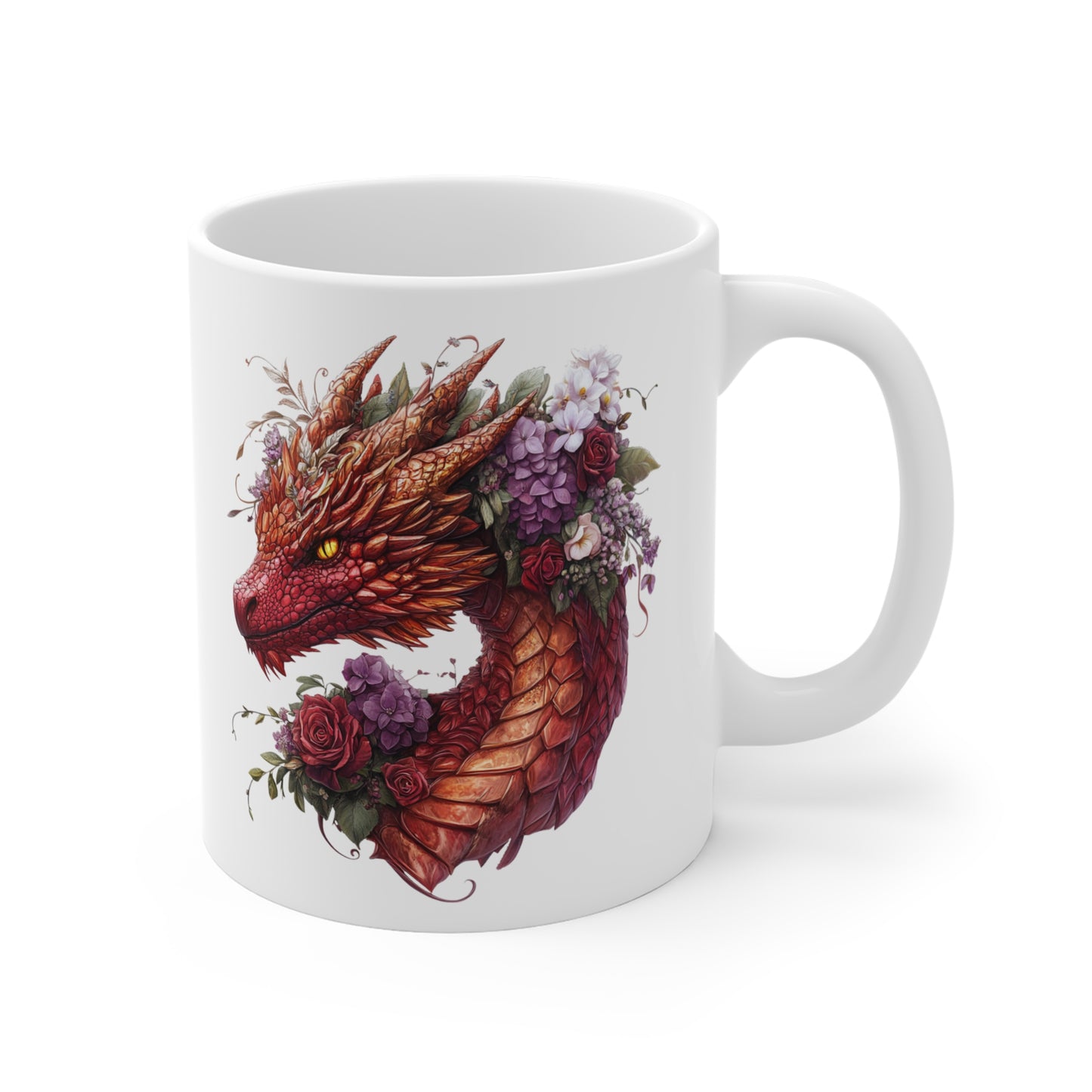 Mug Dragon Rouge et Fleurs – Tasse Fantasy Puissante et Élégante – Cadeau Magique Céramique 325ml