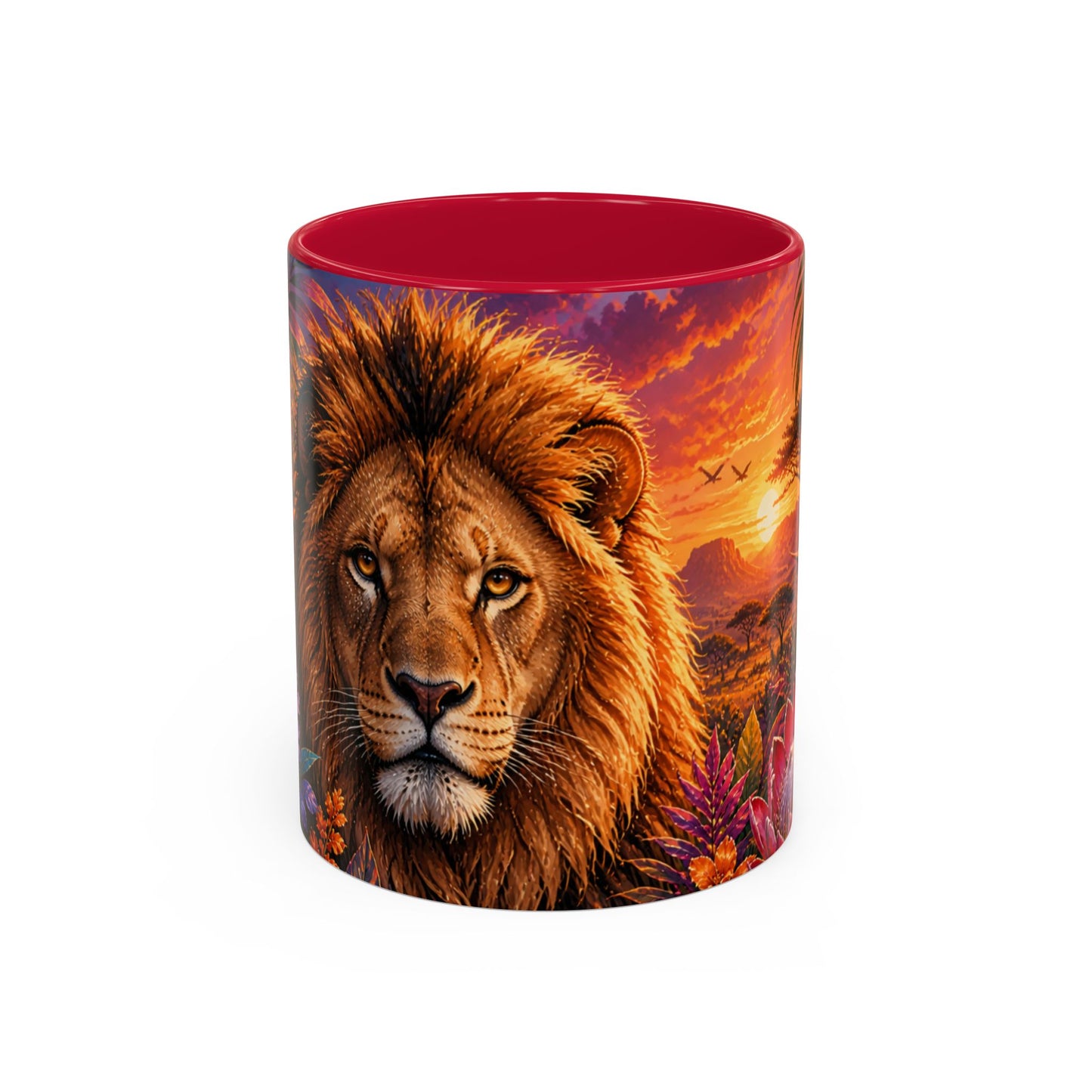 Tasse Lion Tropical – Mug Safari avec Lion Majestueux, Fleurs Exotiques et Couché de Soleil Africain – Design Jungle 325ml